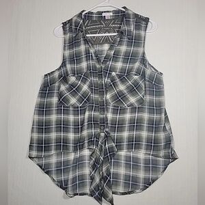 Xhilaration Sleeveless Shirt Button Front Plaid Women XL Lace Back